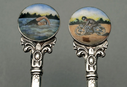 Silver and Enamel Teaspoon set (6) - Swimming and Motorcycling